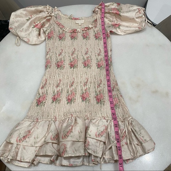 LoveShackFancy Violet Ruched Pink Floral Silk Mini Dress with Puff Sleeves - Picture 11 of 14